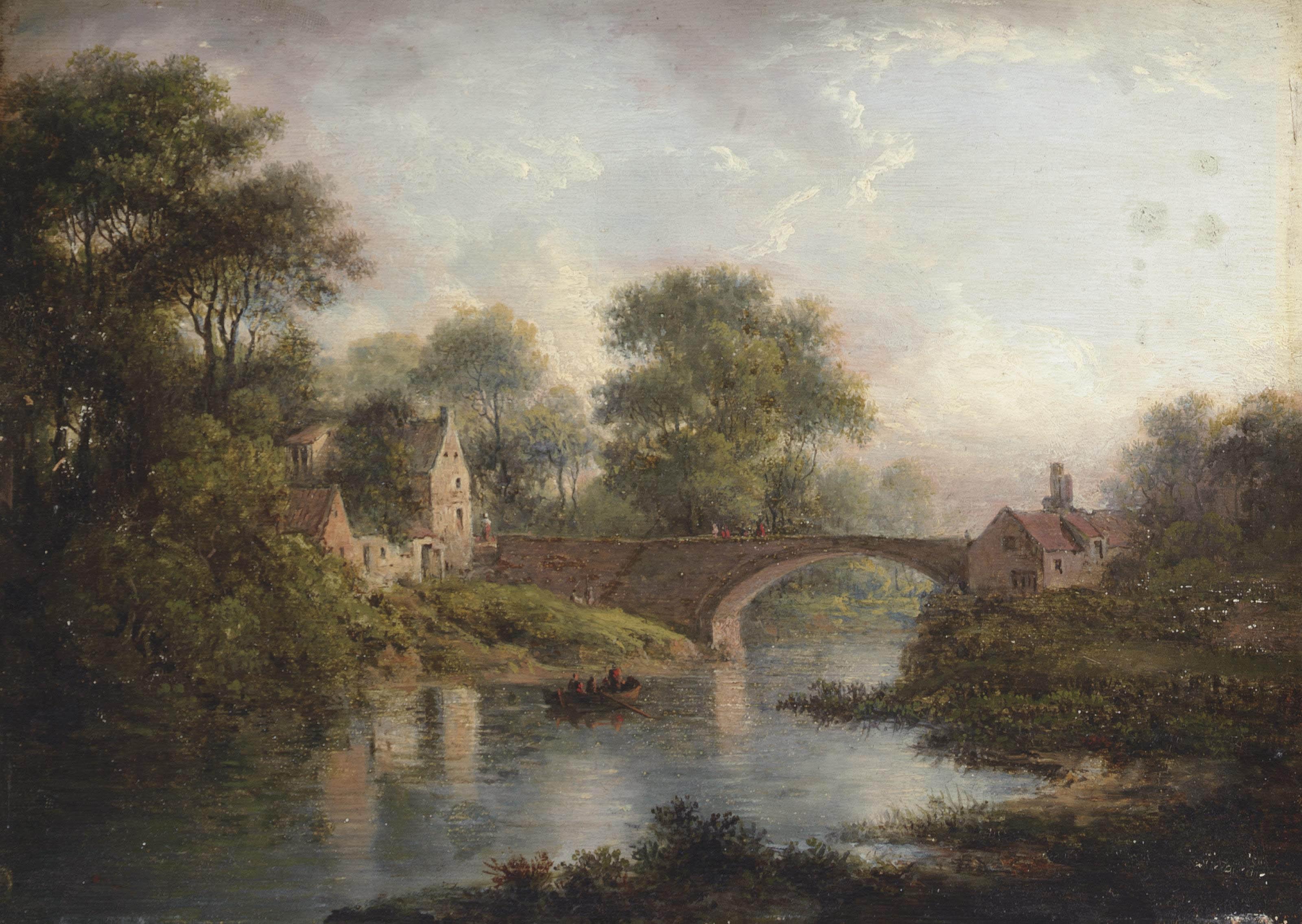 Patrick Nasmyth - A wooded river landscape, with figures on a boat, a bridge and a village beyond