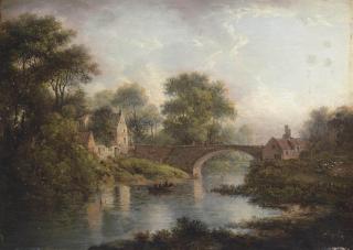 Patrick Nasmyth - A wooded river landscape, with figures on a boat, a bridge and a village beyond