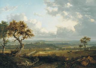 Patrick Nasmyth - An Extensive Landscape With Figures And Cattle In The Foreground And A Village Beyond