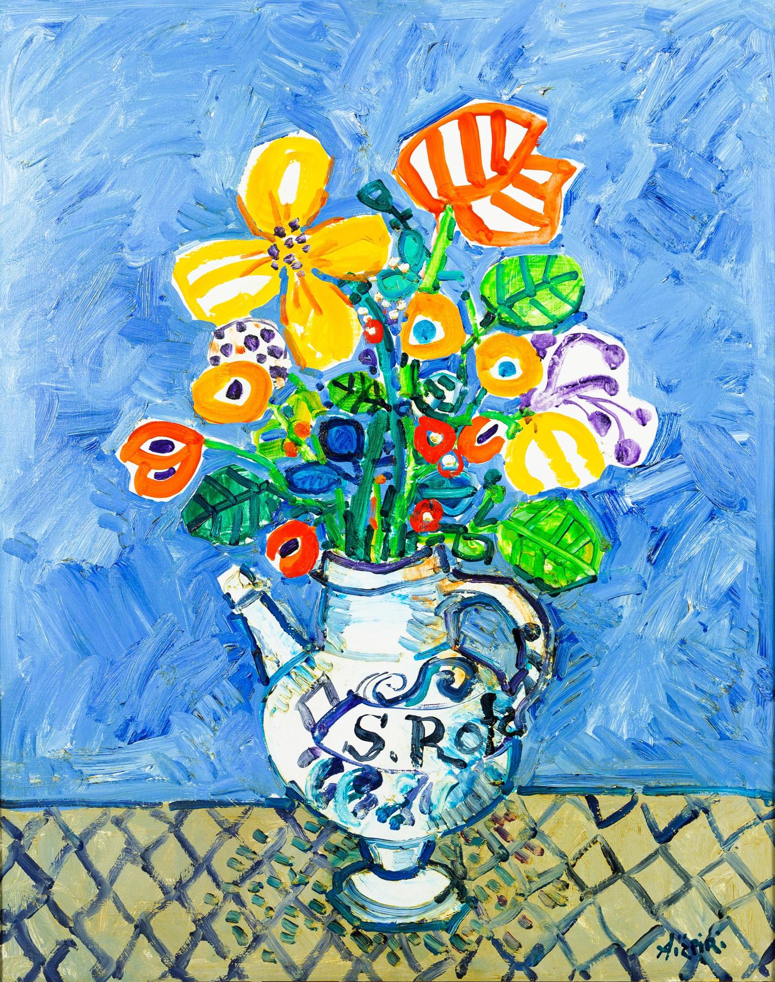 Paul Aïzpiri - Vase de fleurs sur fond bleu