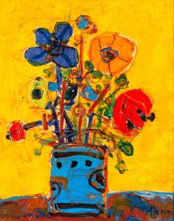 Paul Aïzpiri - Vase de fleurs sur fond jaune