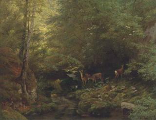 Paul-Albert Girard - Deer in a river landscape