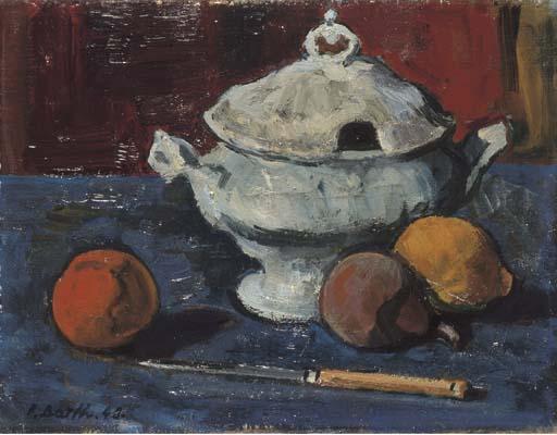 Paul Basilius Barth - Stillleben Mit Suppenschüssel, Früchten Und Messer, 1948