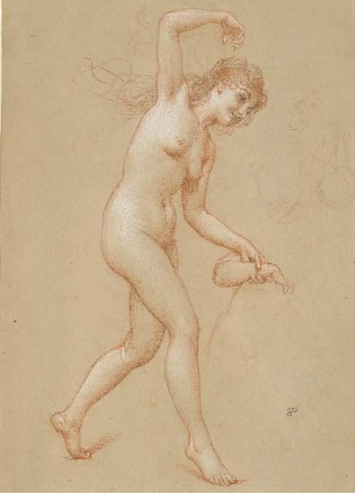 Paul Baudry - Une Femme Nue Marchant Vers la Droite, Tenant Le Bras D\'Un Enfant, Avec Une Étude de Femme Assise