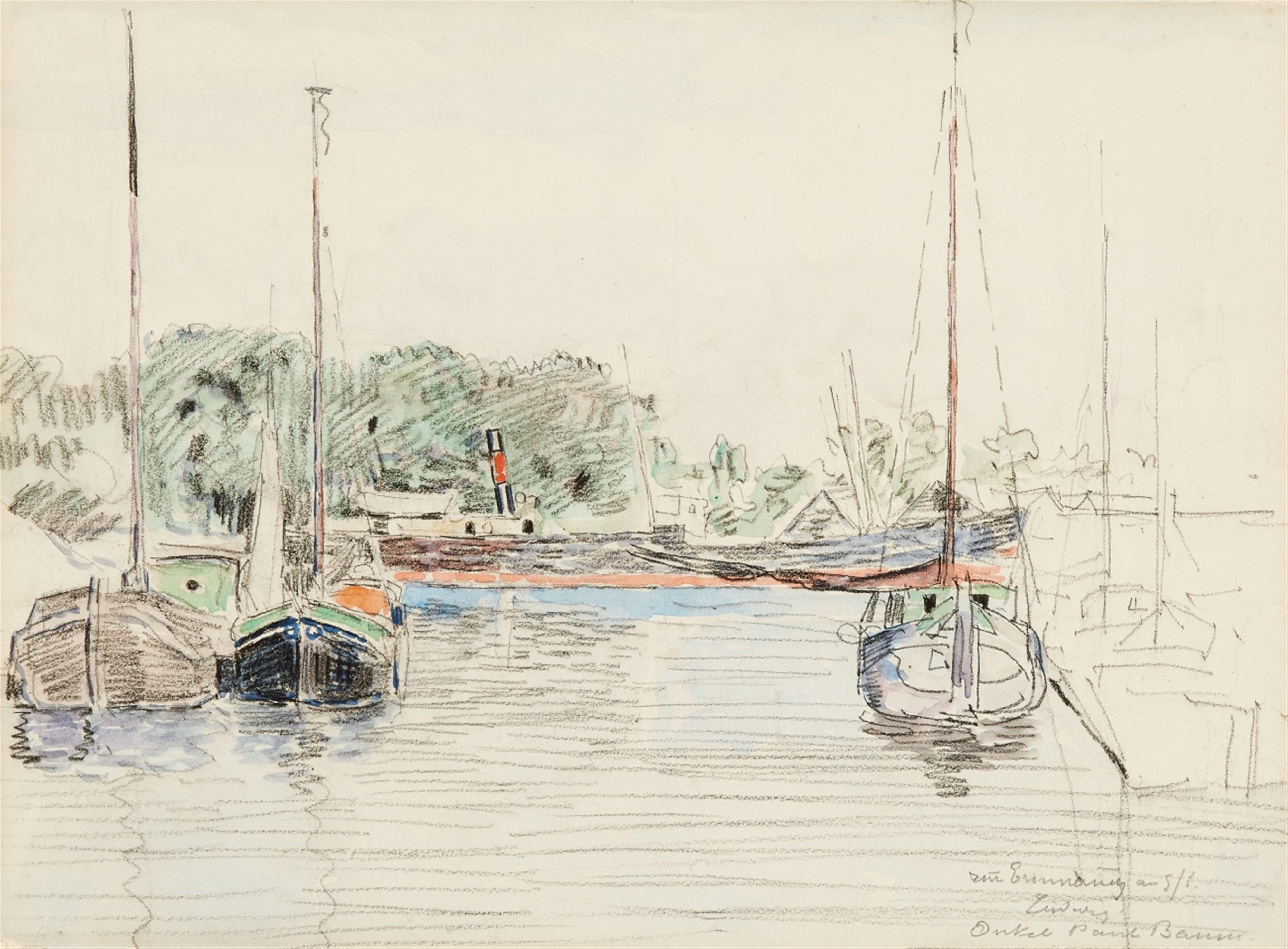 Paul Baum - Ankernde Segelboote vor Flußdampfer (in einem kleinen Hafen in Holland)