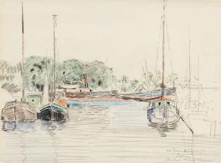 Paul Baum - Ankernde Segelboote vor Flußdampfer (in einem kleinen Hafen in Holland)