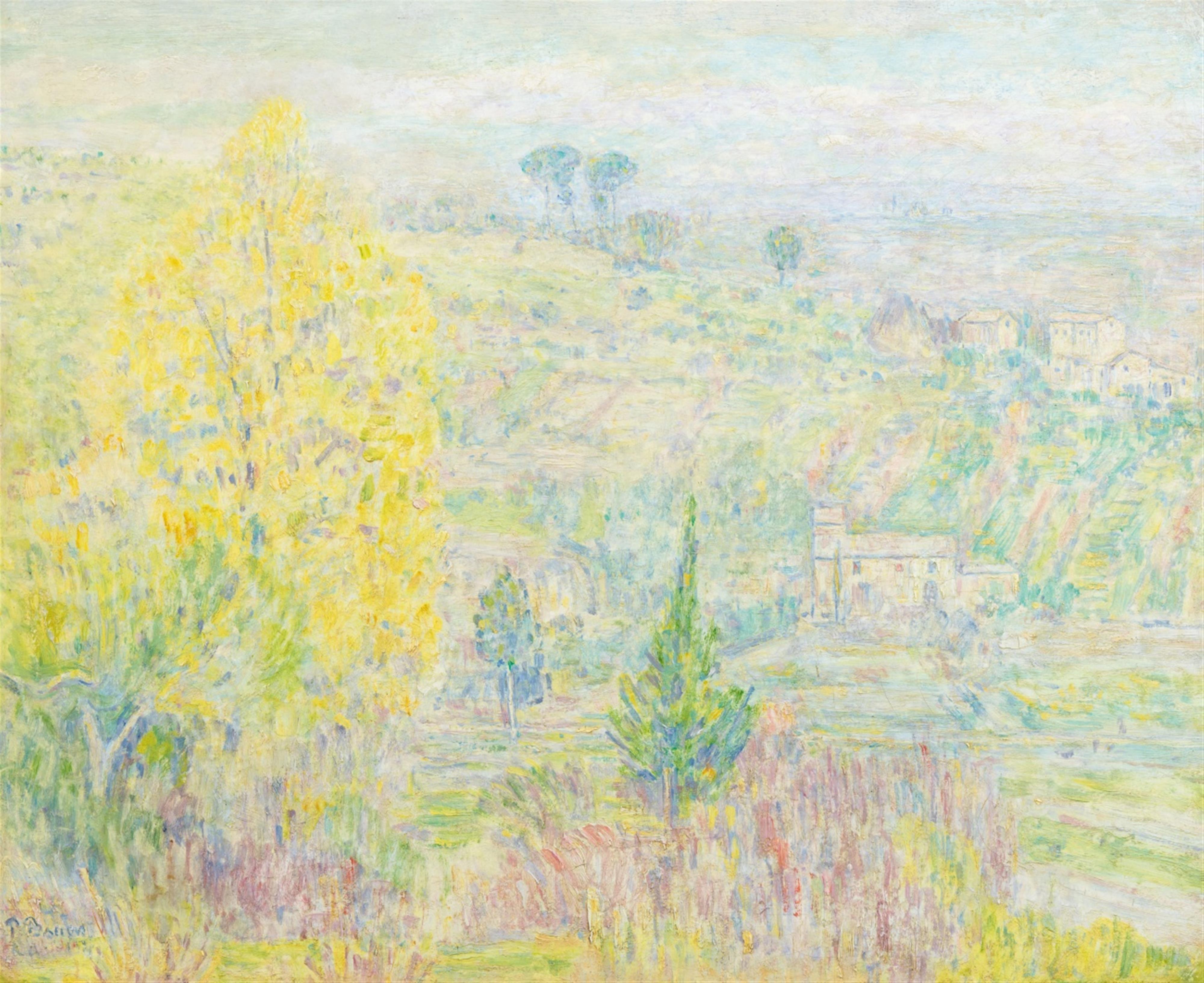 Paul Baum - Goldgelb-herbstlicher Baum in toskanischer Landschaft, rückseitig: Bauern bei der Kornernte (Dachau)