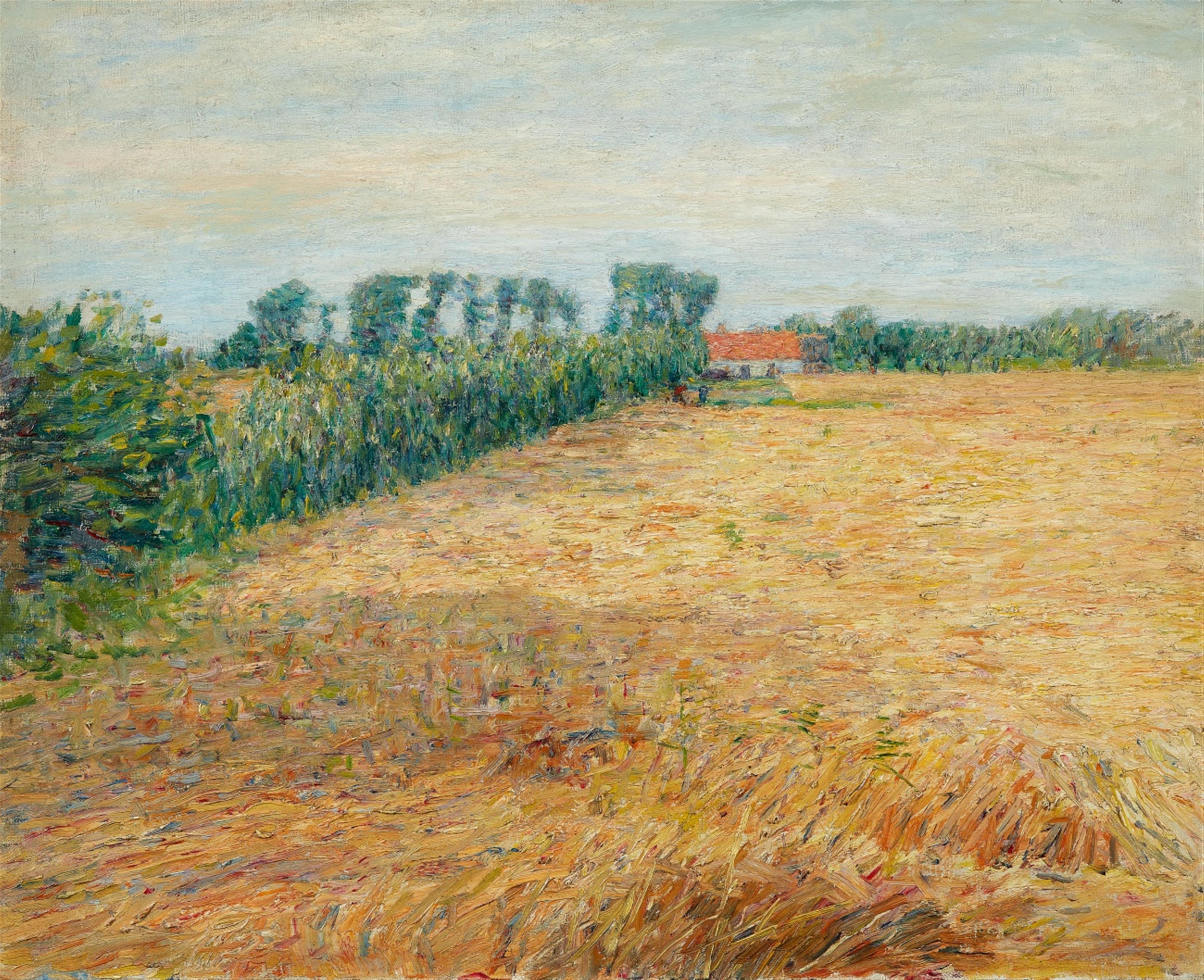 Paul Baum - Spätsommerliches Stoppelfeld an einer Hecke mit fernem Haus