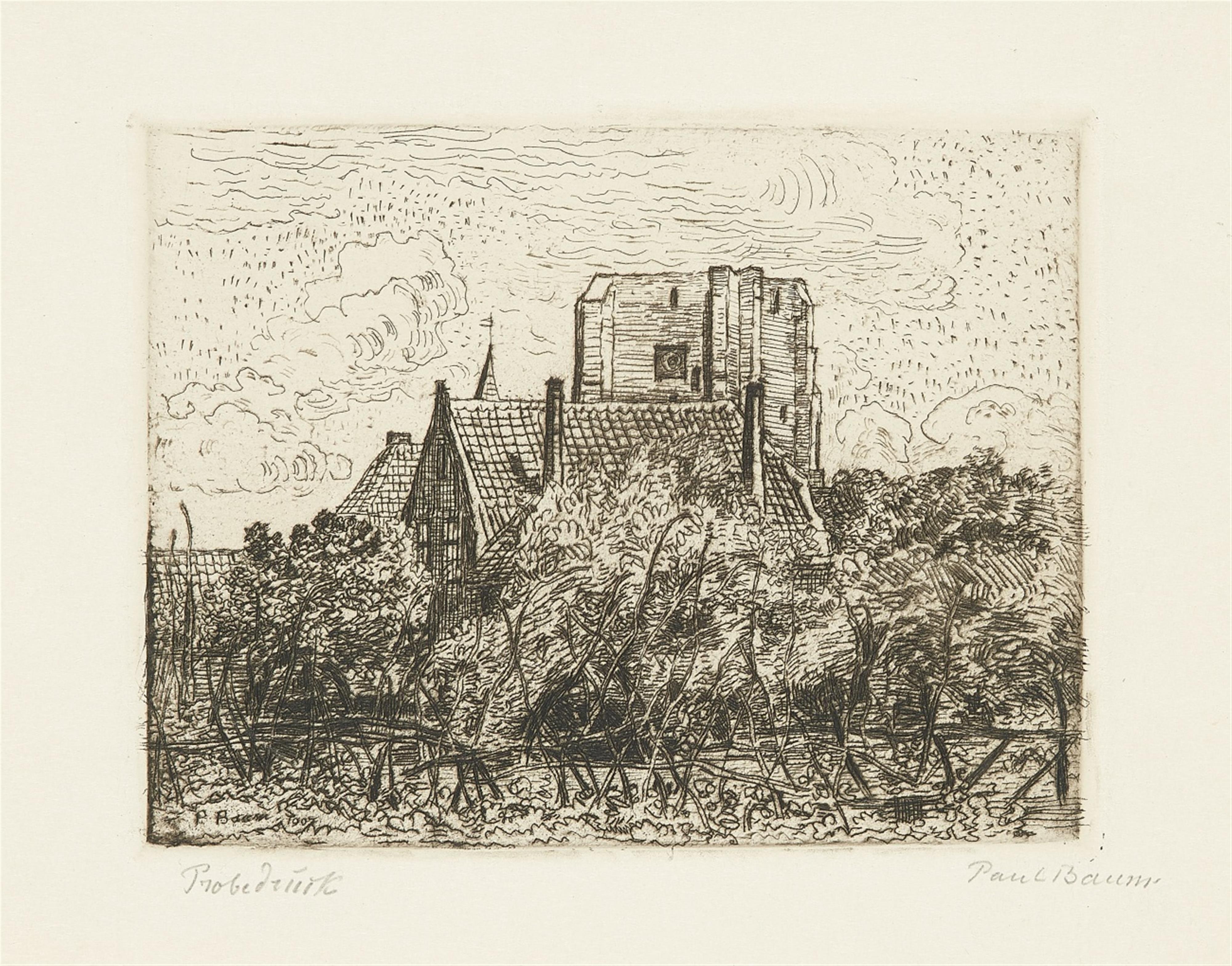 Paul Baum - Stockgeflecht vor Haus, Kirchtum und Rathaustürmchen in St. Anna