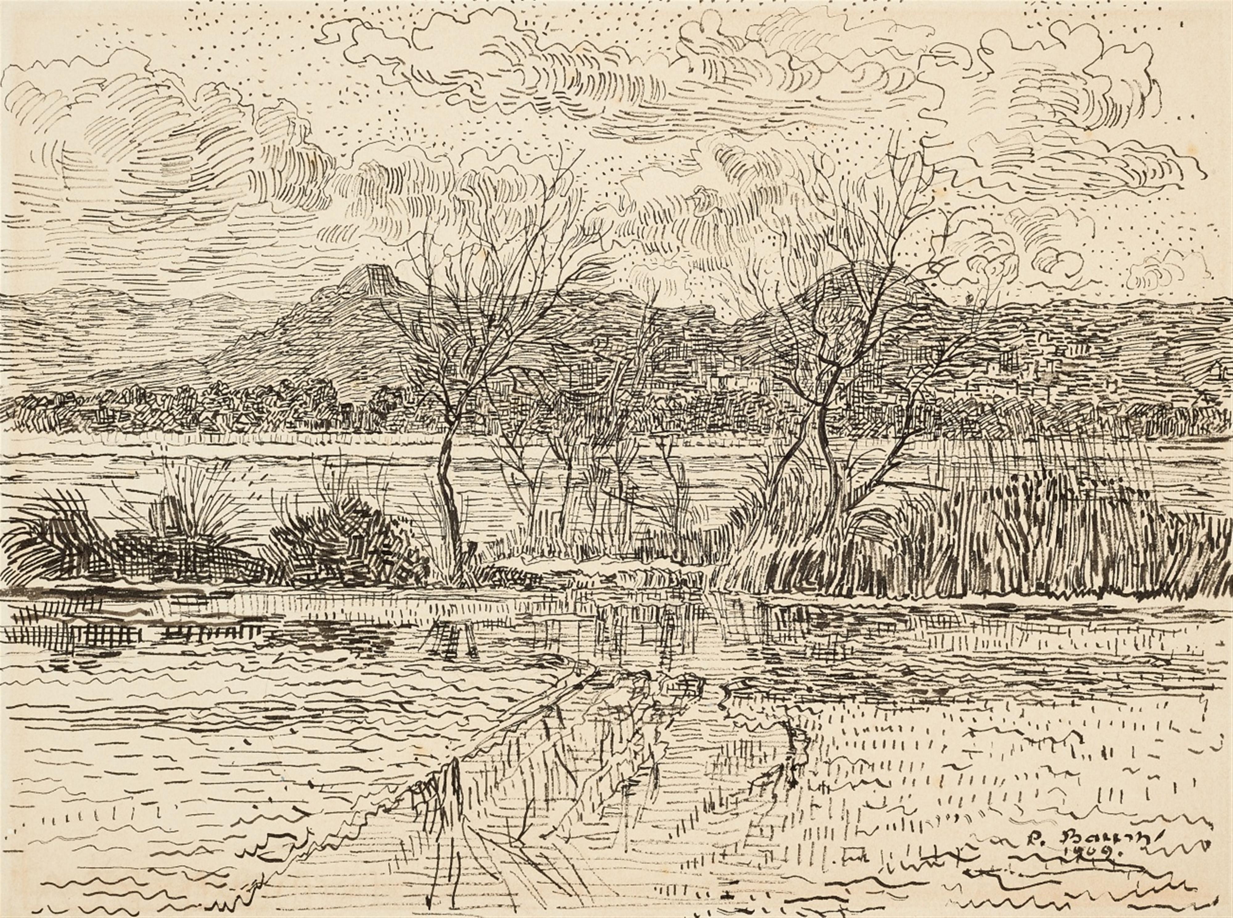 Paul Baum - Überschwemmte Wiesen vor Hyères mit Weidenbäumchen an Binsengestrüpp