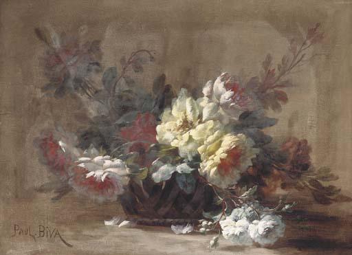 Paul Biva - Still Life Of Roses In A Cut-Glass Bowl