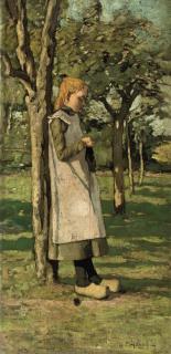 Paul Bodifée - Knitting in the garden (recto); An extensive river landscape (verso)