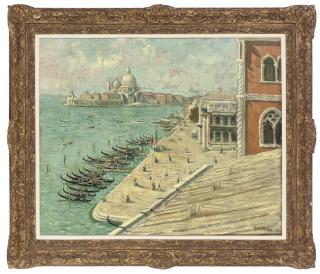 Paul Bret - A view across the Grand Canal towards Santa Maria della Salute, Venice; and Figures outside a coastal town