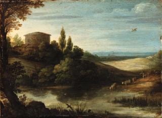 Paul Bril - A landscape with a drover and cattle watering at a pond