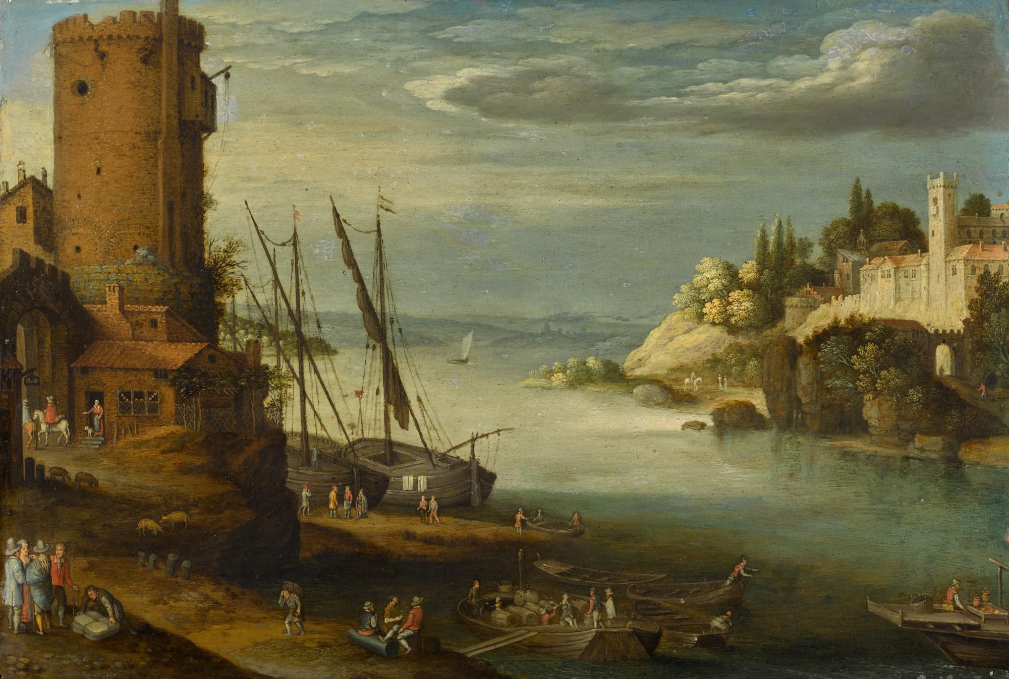 Paul Bril - A river landscape with a fort