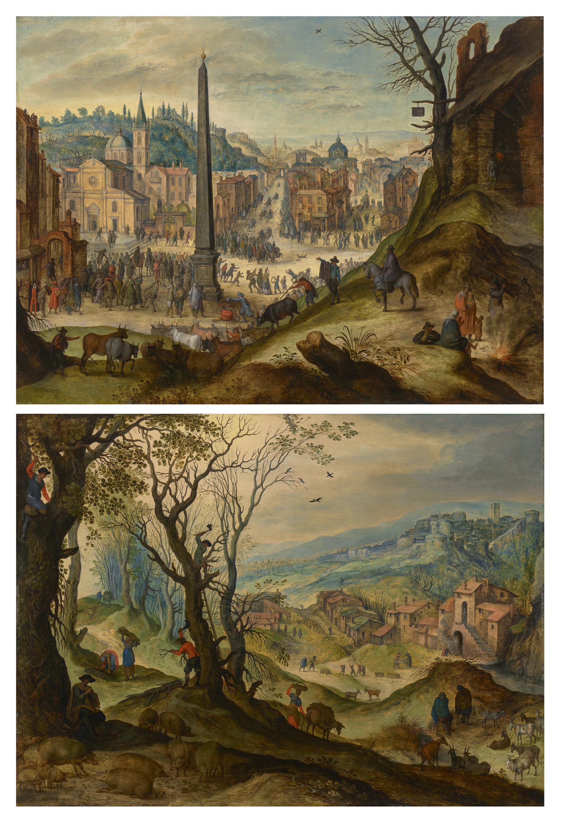 Paul Bril - Allegory of the months of January/February, with a view of the Piazza del Popolo, Rome, during Carnival; and Allegory of the months of November/December, with woodcutters in a forest
