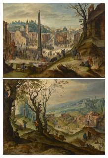 Paul Bril - Allegory of the months of January/February, with a view of the Piazza del Popolo, Rome, during Carnival; and Allegory of the months of November/December, with woodcutters in a forest