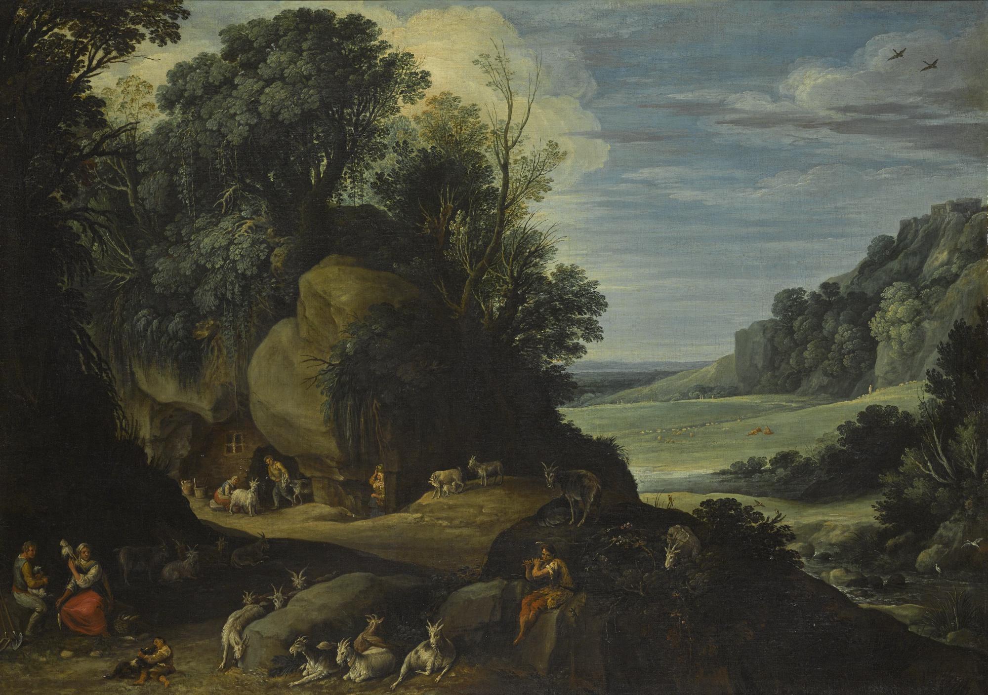 Paul Bril - An Extensive Landscape With Herdsmen Resting On A Rocky Outcrop, A Woman Spinning Wool In The Foreground