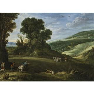 Paul Bril - An Extensive Landscape With Hunters Crossing A Field Being Ploughed