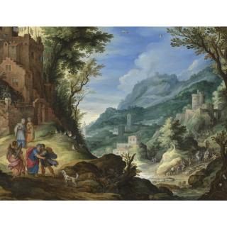 Paul Bril - An Extensive Landscape With Tobit, Tobias And The Archangel Raphael