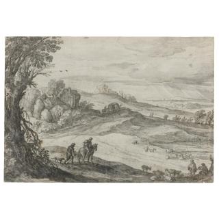 Paul Bril - An Extensive Pastoral Landscape, With Shepherds And Animals And Travellers On A Road