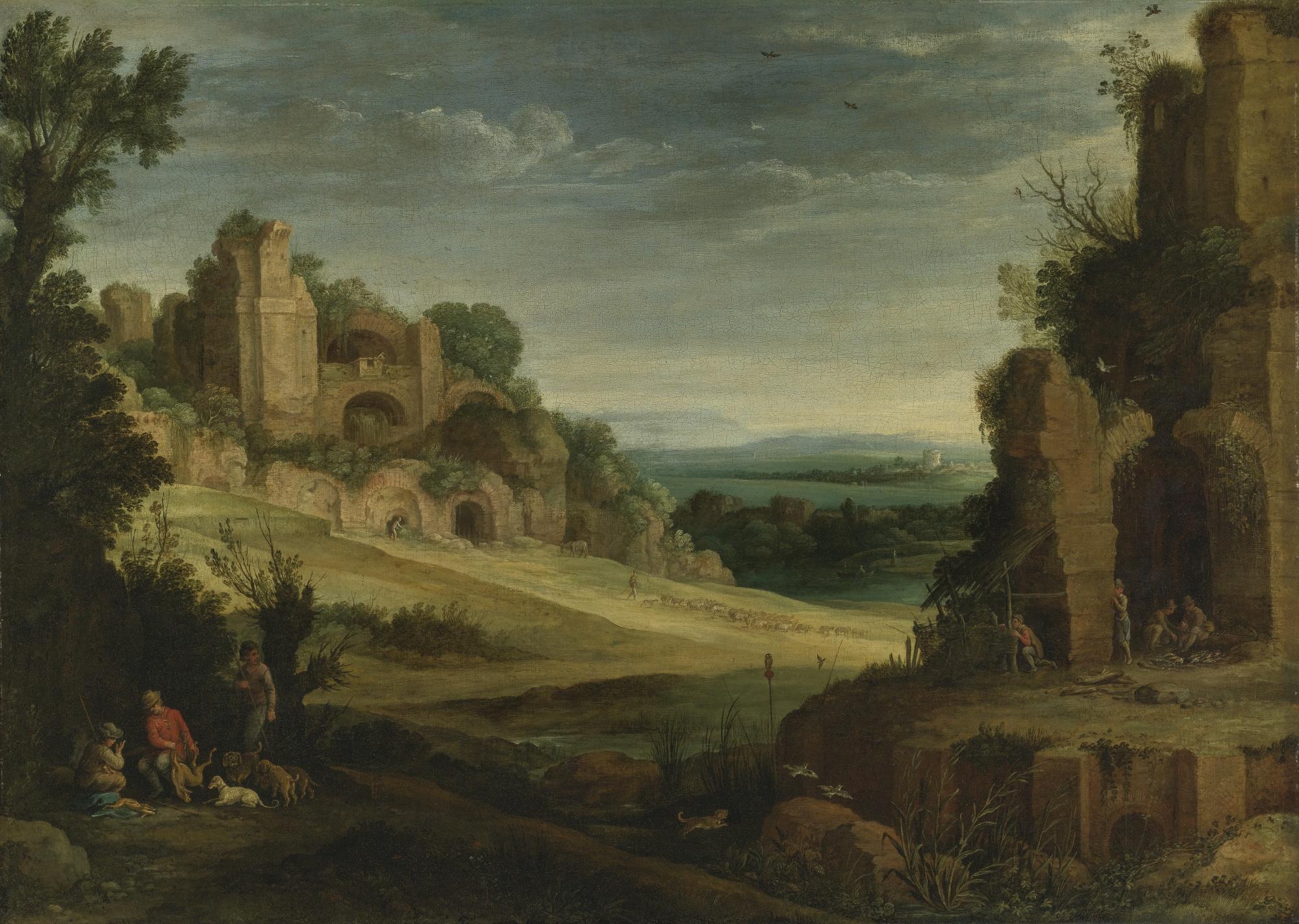 Paul Bril - Landscape With A Hunting Party And Roman Ruins