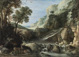 Paul Bril - Mountainous Landscape With Wildlife Around A Cascade