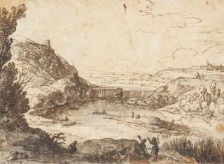 Paul Bril - Paysage Avec Une Chute D\'Eau, Des Personnages Au Premier Plan Et Deux Villes Fortifiées Dans Le Fond