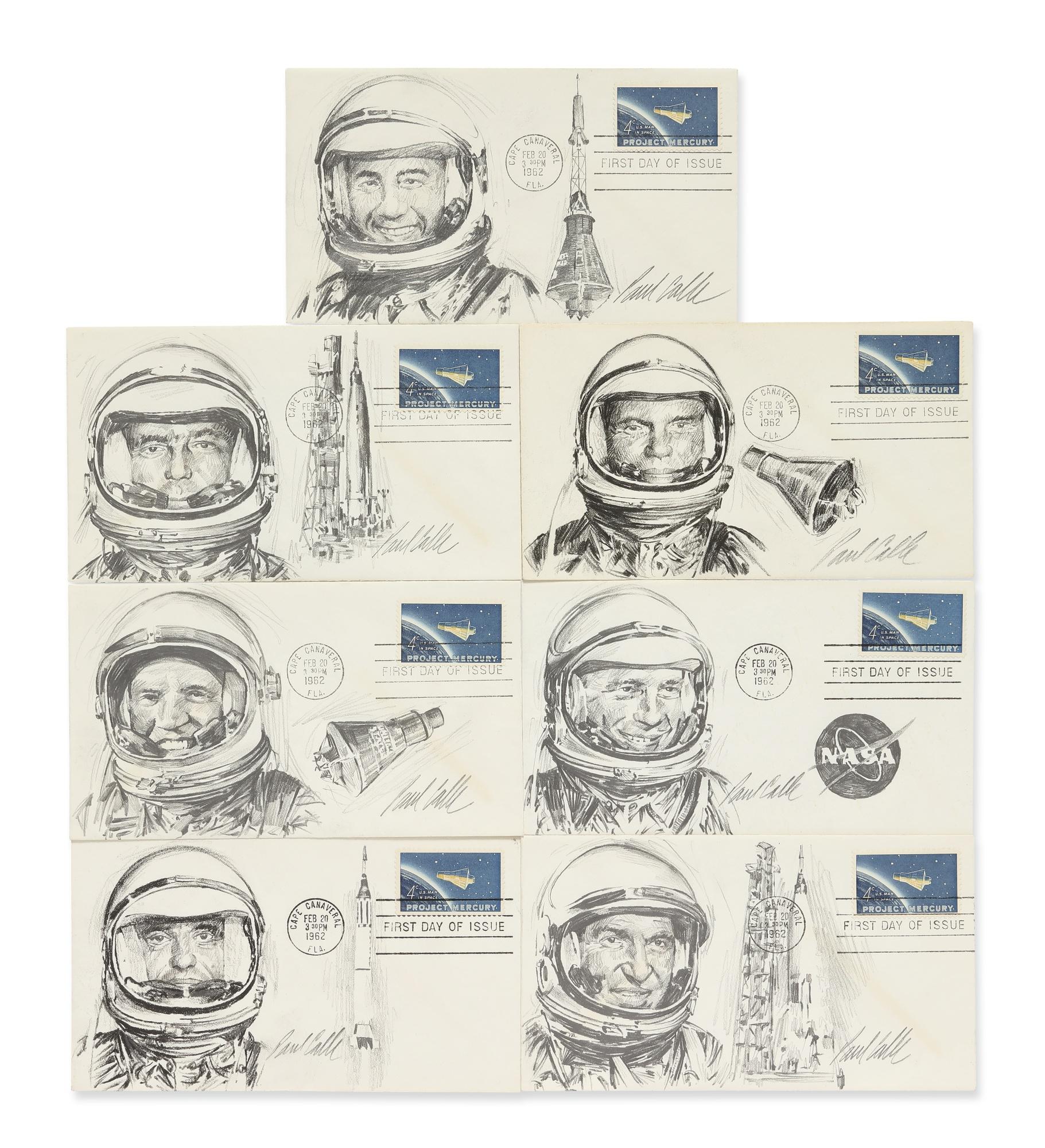 Paul Calle - A Group Of 7 Project Mercury Postal Covers With Original Sketches, Signed 