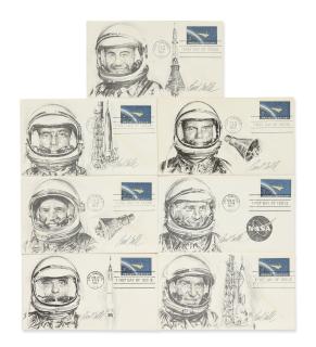 Paul Calle - A Group Of 7 Project Mercury Postal Covers With Original Sketches, Signed 