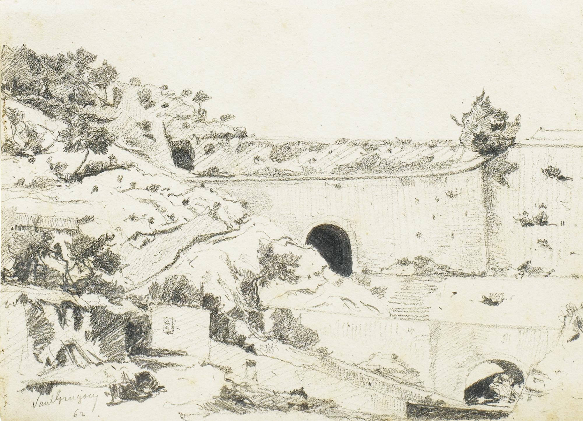 Paul-Camille Guigou - Paysage Aux Tunnelspaul-Camille Guigou ; Landscape With Tunnels ; Signed And Dated 62 Lower Left ; Black Chalk On Paper