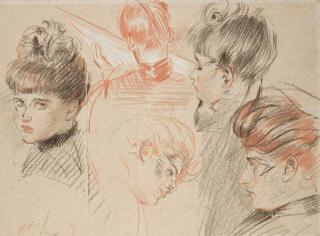 Paul-César Helleu - Etude de cinq têtes de femmes et enfants, dont une vue de dos et lisant