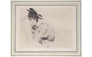 Paul-Cesar Helleu - Femme à la Robe écossaise allongée sur un Canapé