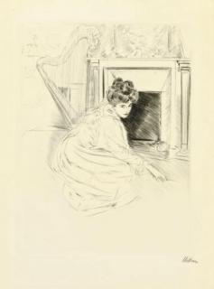 Paul Cesar Helleu - [Femme dans un intérieur avec harpe]