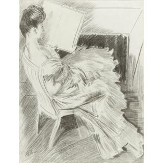 Paul César Helleu - French Madame Helleu Reading Near The Fireplace