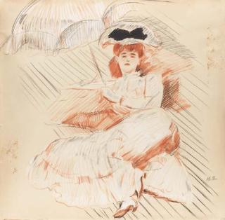 Paul-César Helleu - Jeune femme étendue sous une ombrelle