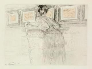 Paul César Helleu - Madame Helleu devant les Watteau du Louvre (Montesquiou 56)