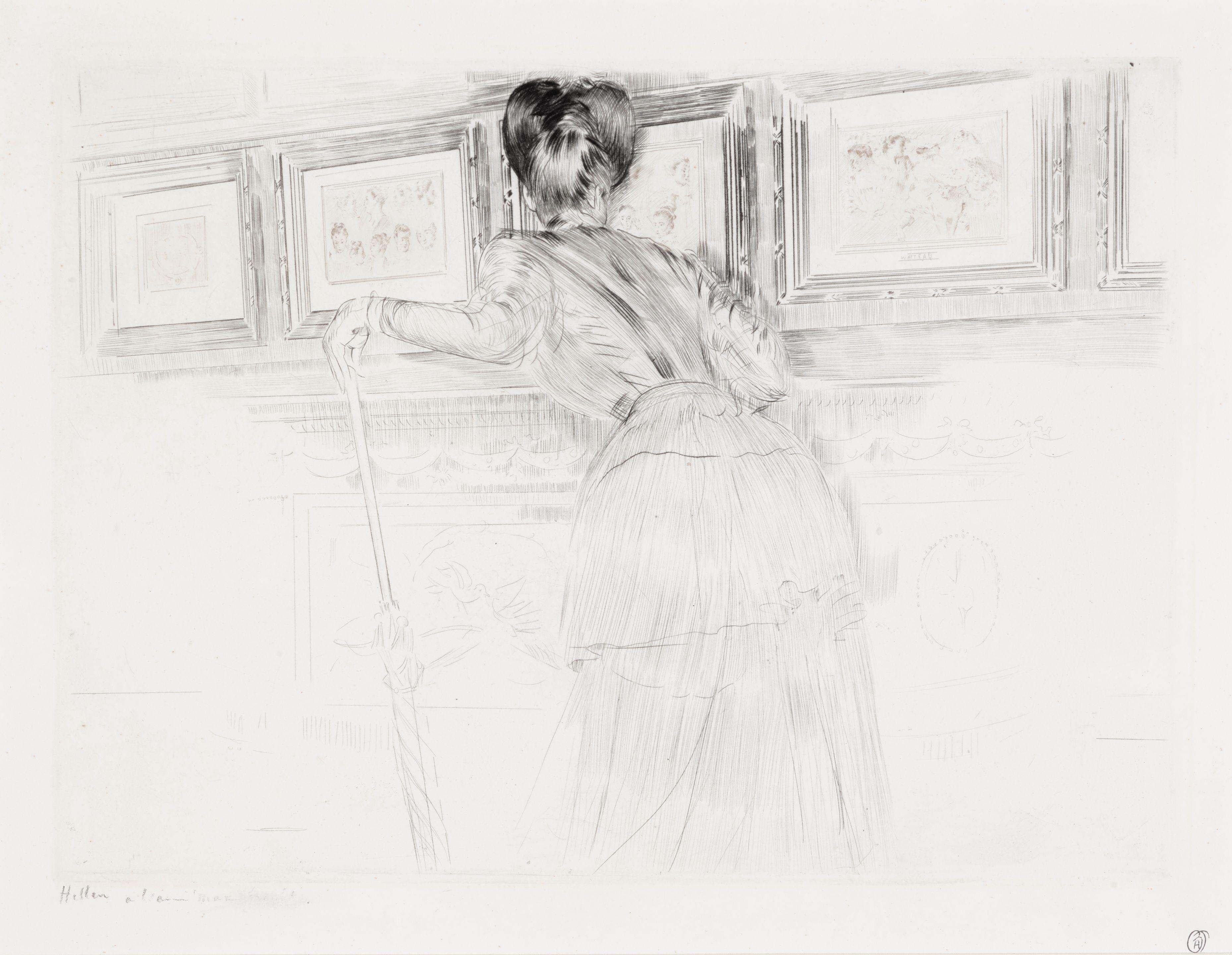 Paul César Helleu - Madame Helleu devant les Watteau du Louvre