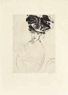 Paul César Helleu - Portrait De Madame Chéruit De Trois Quarts Accoudée À Un Accoudoir, Chapeau À Noeud