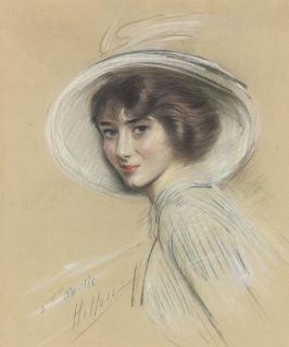 Paul César Helleu - Portrait Of Mademoiselle Annette Wearing A White Hat