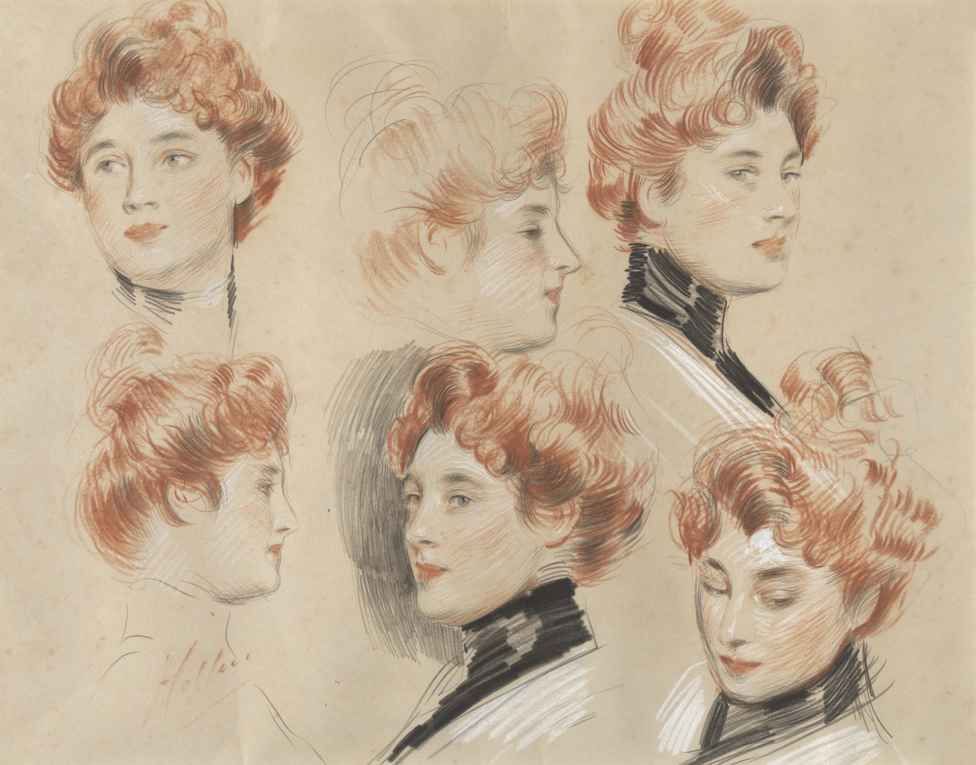 Paul-César Helleu - Six Studies of the head of a Lady traditionally identified as Mrs. Gertrude Vanderbilt Whitney (recto); A lady seated on a chair (verso)