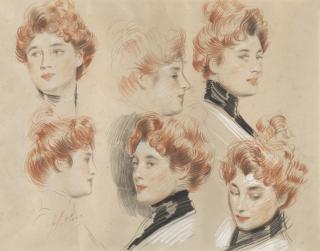 Paul-César Helleu - Six Studies of the head of a Lady traditionally identified as Mrs. Gertrude Vanderbilt Whitney (recto); A lady seated on a chair (verso)