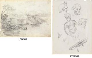 Paul Cézanne - A rocky coast with a lighthouse (recto); Studies of a figure and four heads (verso)