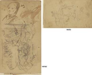 Paul Cézanne - Les musiciens (recto); Etudes: Personnage devant des arches gothiques, Portrait de Marie, soeur de l\'artiste et Buste d\'homme (verso)