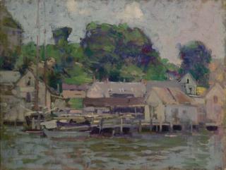 Paul Cornoyer - Grey Houses by the Dock