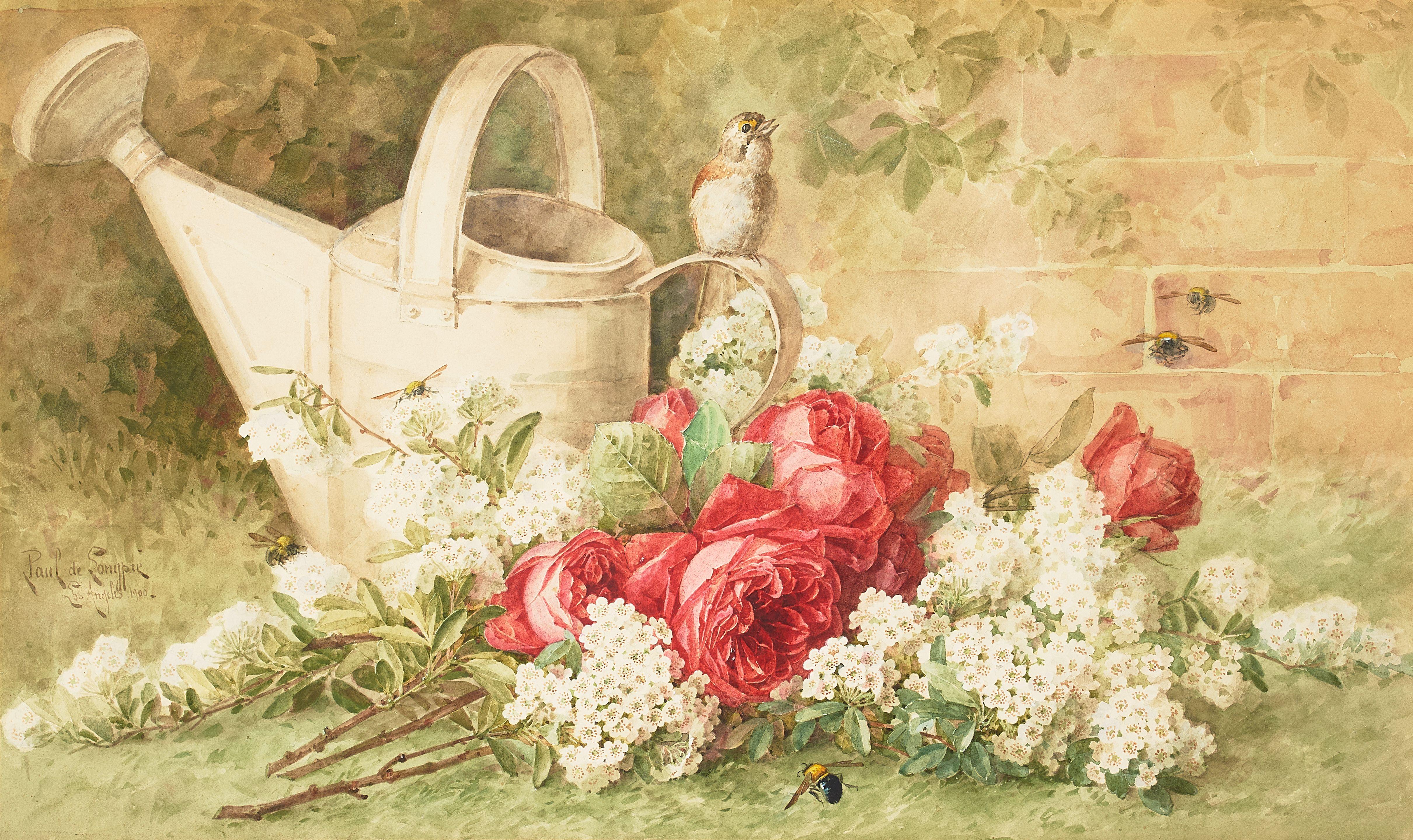 Paul de Longpre - Bees, Blossoms & Birds sight 16 1/4 x 27 1/4 in. framed 28 1/4 x 39 1/2 in.