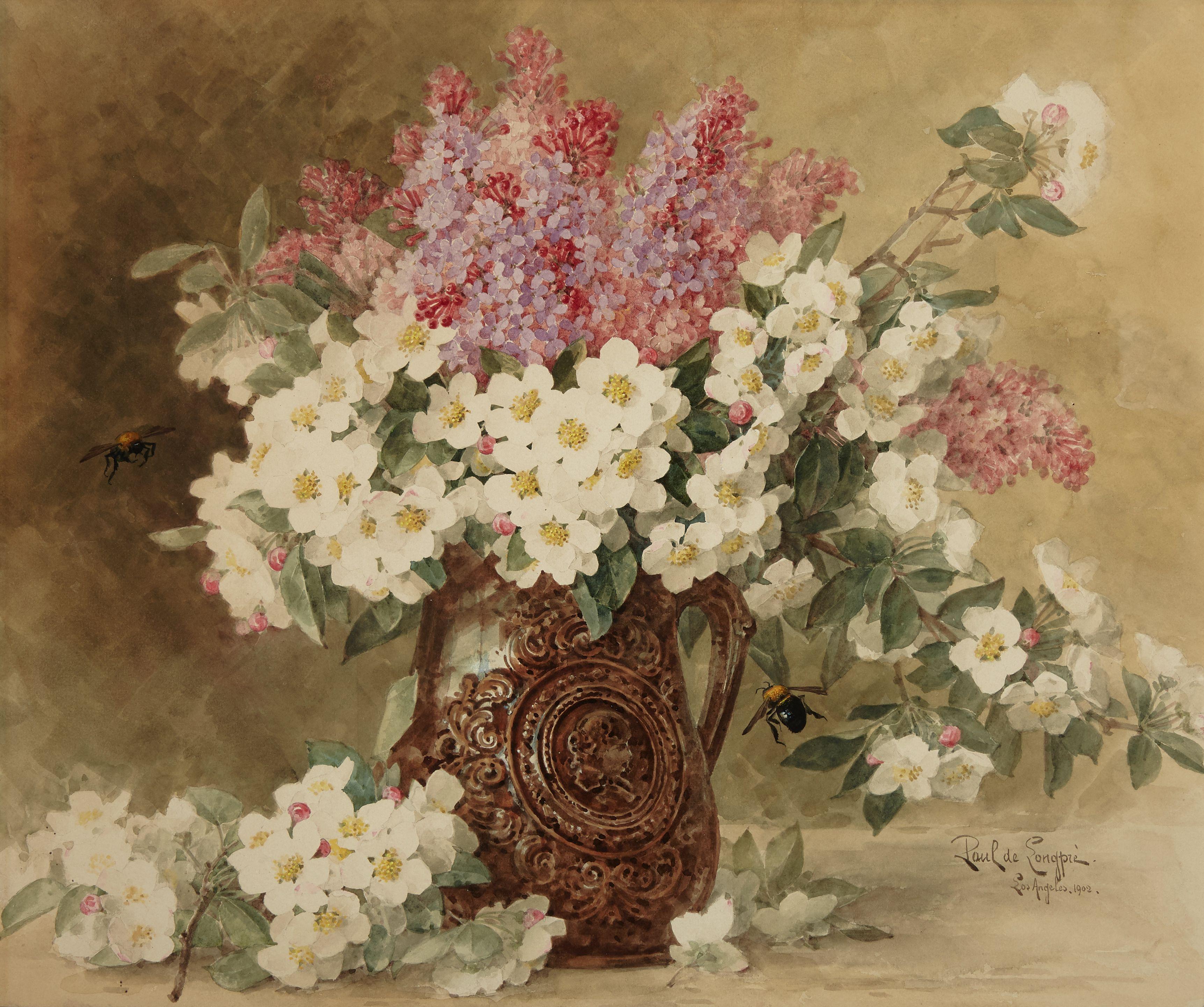 Paul de Longpre - Crabapple blossoms and lilacs 19 x 23in