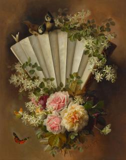Paul de Longpre - Roses and blossoms with fan, butterflies and birds