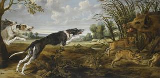 Paul De Vos - An Extensive Landscape With Three Hounds Surprising A Wild Boar And Its Young