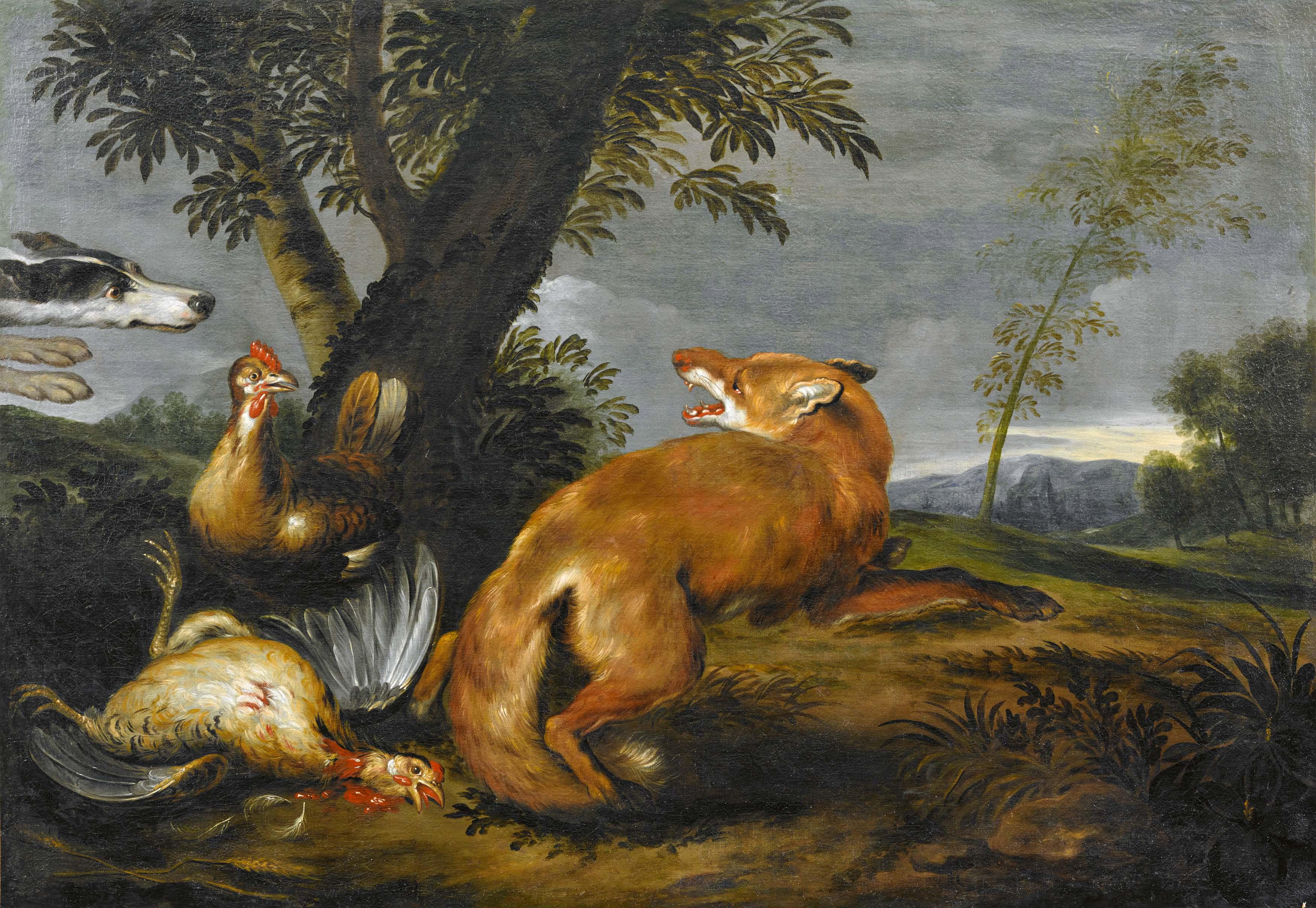 Paul De Vos - Fuchs auf der Hühnerjagd, vom Hund überrascht.
